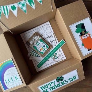Könnte beinhalten: Ein brauner Karton, gefüllt mit St. Patrick's Day-Partyzubehör. Die Box enthält eine ausdruckbare Malvorlage, ein ausdruckbares Schild mit der Aufschrift "St. Patrick's Day Party in a Box!" und ein ausdruckbares Schild mit der Aufschrift "Happy St. Patrick's Day". Außerdem gibt es ein ausdruckbares Schild mit der Aufschrift "Wo immer du hingehst und was immer du tust, möge das Glück der Iren bei dir sein".