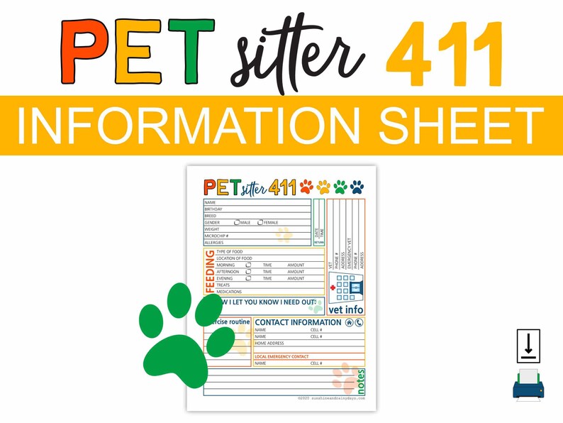 Pet Sitter Information Sheet • Pet Sitter Instructions • Printable Pet Sitter Info • Dog Sitter ...