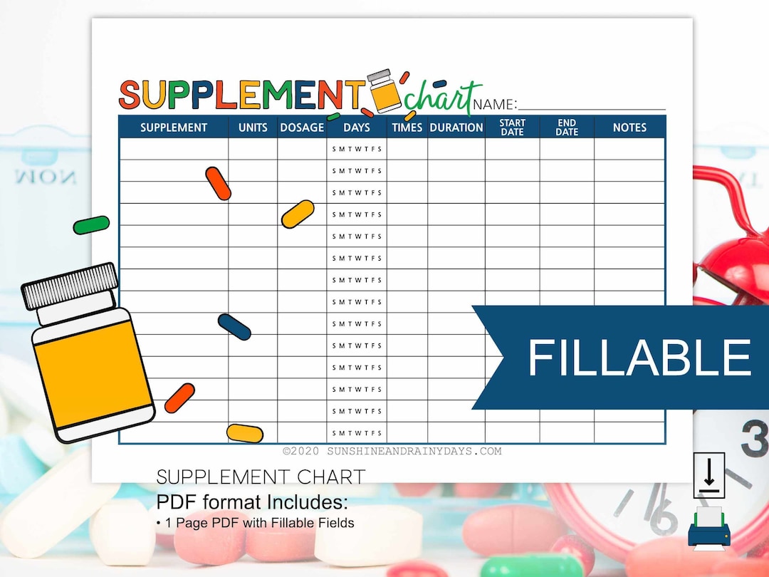 Fillable Supplement Chart Supplement Tracker Editable Supplement Chart Editable PDF Fillable PDF