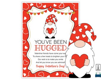You&#39;ve Been Hugged • Gnome Valentine Printable • You&#39;ve Been Hugged Printable • Valentine&#39;s Day • Hugged • Valentine Gift Idea