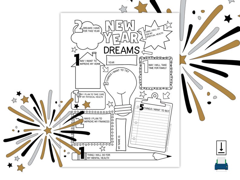 Puede incluir: Una hoja de trabajo imprimible de Sue&ntilde;os de A&ntilde;o Nuevo en blanco y negro con una bombilla, fuegos artificiales y un l&aacute;piz. La hoja de trabajo incluye secciones para sue&ntilde;os, cosas para probar, formas de mejorar las finanzas, formas de mejorar la salud f&iacute;sica y cosas para comprar.