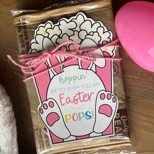 Può includere: Un sacchetto regalo con un'etichetta a tema pasquale rosa e bianca, legato con spago rosa. L'etichetta presenta un design a coniglietto con il testo "hoppin' by to wish you an Easter that pops!". Un grande uovo di Pasqua di plastica rosa è accanto alla borsa.