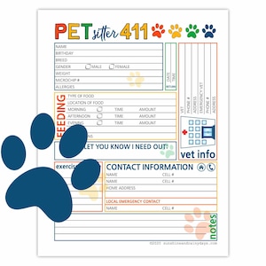 Pet Sitter Information Sheet • Pet Sitter Instructions • Printable Pet Sitter Info • Dog Sitter ...
