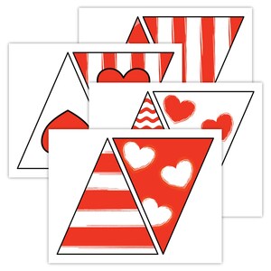 May include: Printable Valentine's Day banner with red and white striped triangles, hearts, and a wavy pattern. The banner is designed to be cut out and assembled.