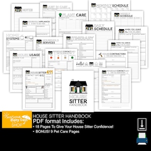Fillable House Sitter Planner • House Sitter Info • House Sitter Handbook • House Sitter Notes • House Sitting Checklist • Instructions