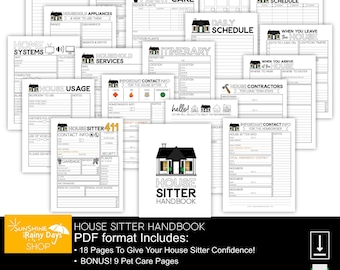 Fillable House Sitter Planner • House Sitter Info • House Sitter Handbook • House Sitter Notes • House Sitting Checklist • Instructions