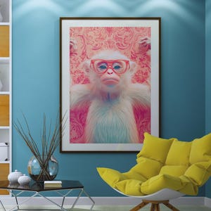 Whimsical Monkey | Digital Art Print | Animal Portrait | Stylish Wall Decor | Pink Pattern Background | Playful Aesthetic Poster