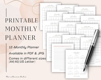 Monthly Planner | Monthly Printable, Monthly Template, A5 Planner Printable, Letter & A4 and A5, Happy Planner, Instant Download