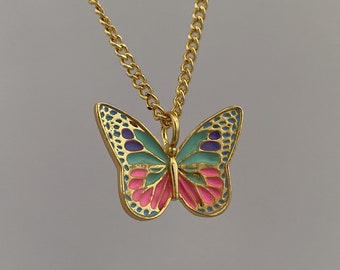 Butterfly Enamel Necklace, 24K Gold Plated, Brass, Charm Necklace, Birthday Gift, Dainty Butterfly, Gift For Her, Fashion Jewelry, BFF Gift