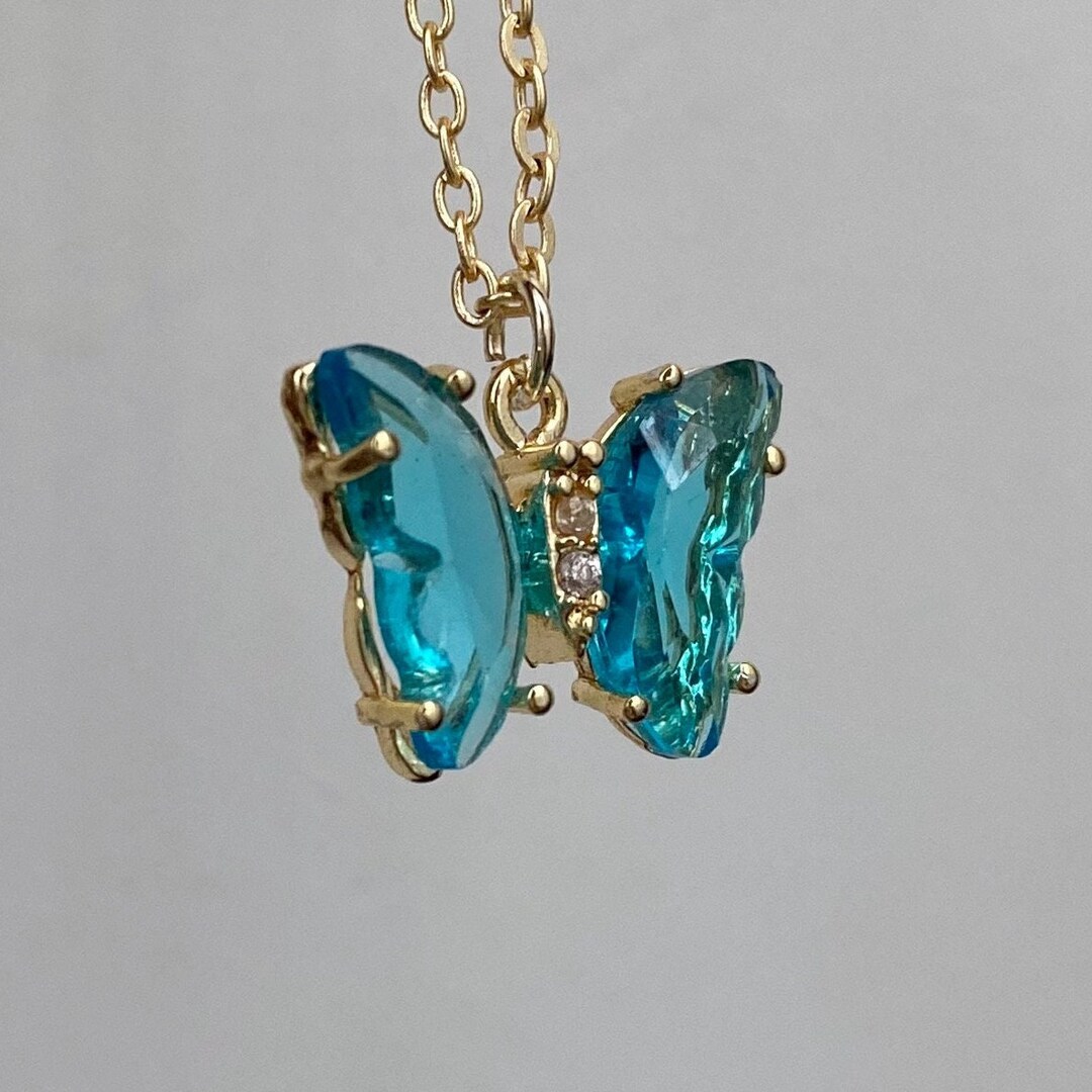 Blue Glass Butterfly Necklace, 24K Plated Gold, Statement Pendant