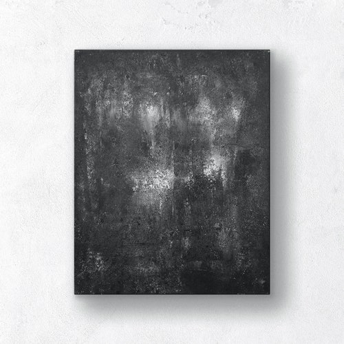 16x20 Dark, outlet Minimal, Abstract Handmade Plaster and Acrylic Painting in Black Color for Modern Home Decor