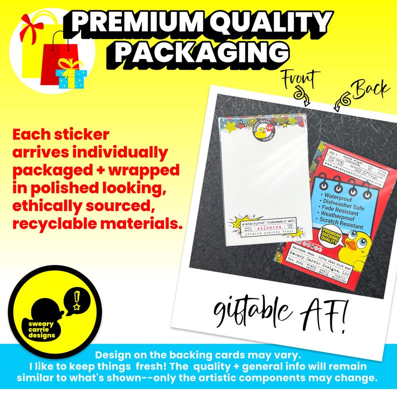 Pu&ograve; includere: Immagine di due confezioni di adesivi con sfondo giallo. Una confezione &egrave; bianca con un disegno di anatra, l'altra &egrave; rossa con un disegno di anatra. Il testo sull'immagine dice "Premium Quality Packaging" e "giftable AF!"