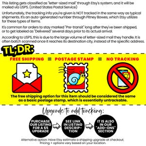 Pu&ograve; includere: Grafica gialla con testo e illustrazioni che spiegano la spedizione di posta di formato lettera di Etsy. Mostra che la spedizione gratuita &egrave; come un francobollo senza tracciamento. Mostra anche come eseguire l'upgrade per aggiungere il tracciamento.