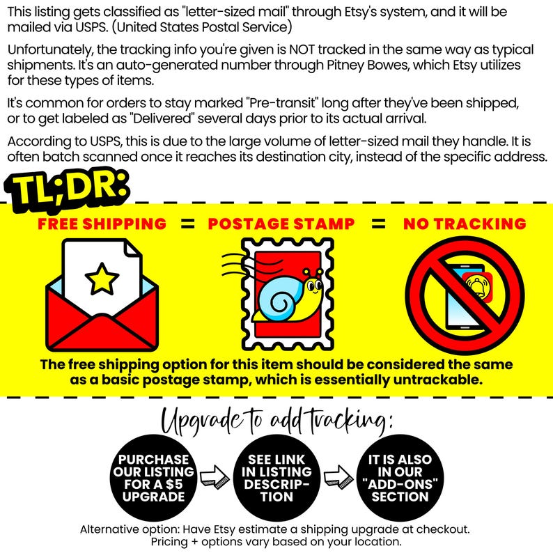 May include: A yellow and red graphic with the text "TL;DR" in black. The graphic explains that free shipping for this item is the same as a basic postage stamp, which is essentially untrackable. The graphic also shows a red envelope with a white star, a red postage stamp with a yellow snail, and a red circle with a diagonal line through a black smartphone. The graphic also includes the text "FREE SHIPPING = POSTAGE STAMP = NO TRACKING".