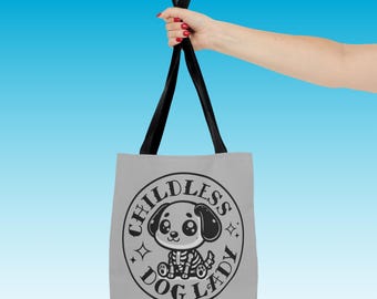 childfree by choice funny project bag cute kawaii puppy skeleton dog mom trendy tote bag feminist gift for childless dog lady tattoo puppies