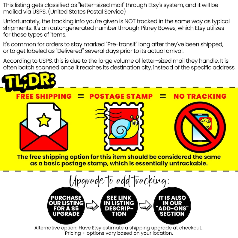 May include: A yellow and red graphic with the text "TL;DR" in black. The graphic explains that free shipping for this item is the same as a basic postage stamp, which is essentially untrackable. The graphic also shows a red envelope with a white star, a red postage stamp with a yellow snail, and a red circle with a diagonal line through a black smartphone. The graphic also includes the text "FREE SHIPPING = POSTAGE STAMP = NO TRACKING".