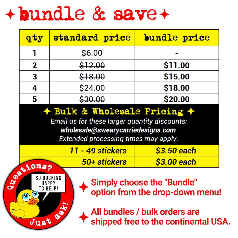 Pu&ograve; includere: Grafica promozionale con il testo "bundle & save" e una tabella dei prezzi degli adesivi. La tabella mostra sconti sulla quantit&agrave;, con prezzi che vanno da &euro;6,00 per un adesivo a &euro;20,00 per un pacchetto da cinque. Include prezzi all'ingrosso.