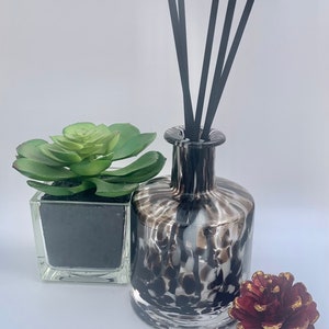 May include: A decorative home decor arrangement featuring a clear glass diffuser bottle with black reeds, a small succulent in a square glass pot, and a burgundy pinecone with gold accents. The diffuser bottle has a speckled design.