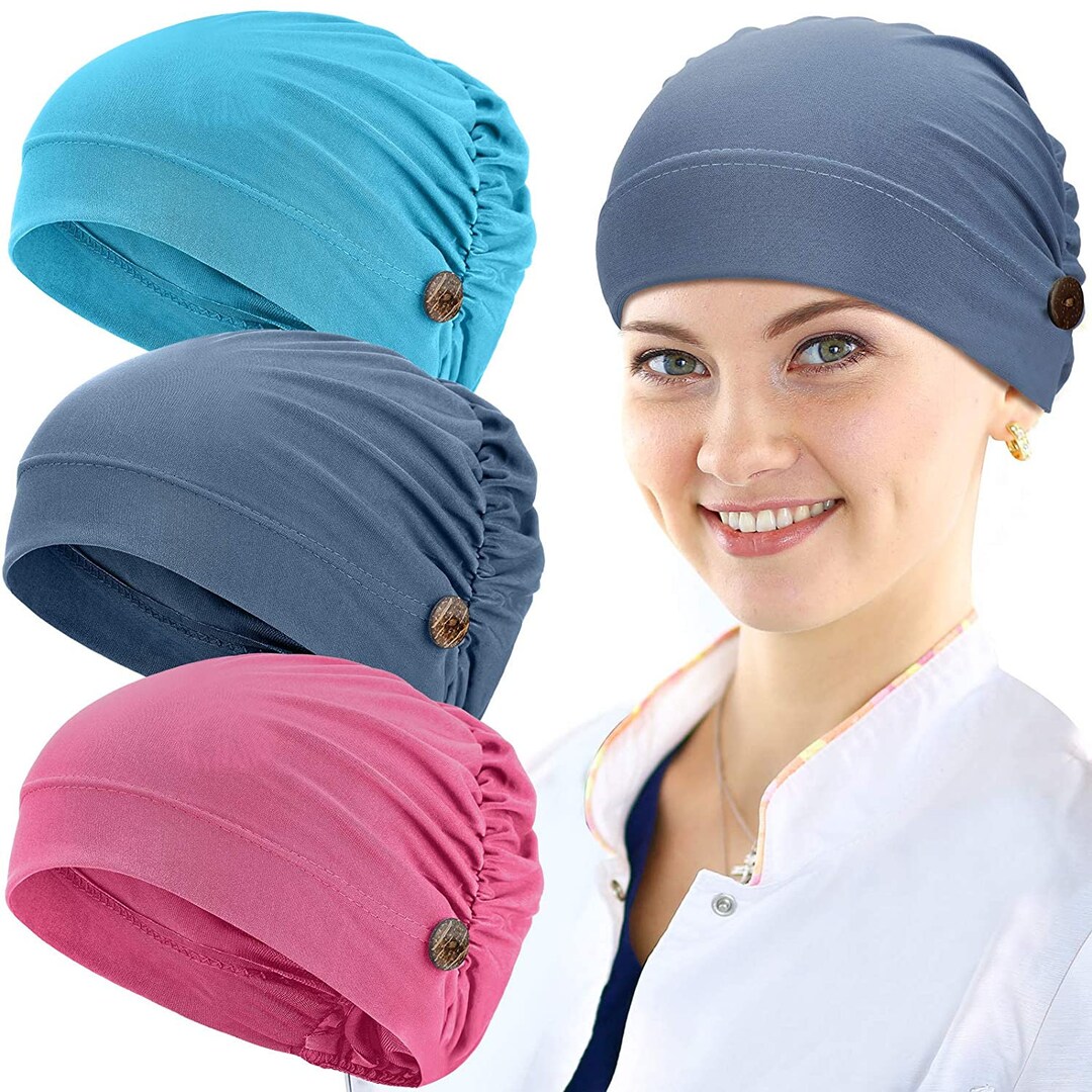 3 Pieces Bouffant Caps With Buttons Unisex Stretchy Headband Turban With Buttons for Women lake