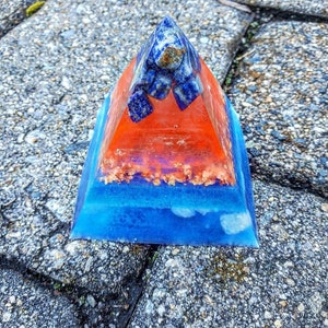 Red and Blue, Medium Orgonite Pyramid with Lapis Lazuli and Clear Quartz