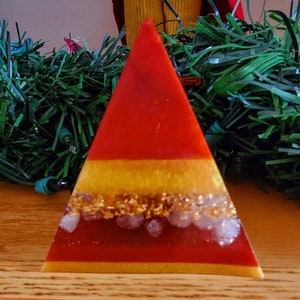 Red and Gold Resin Pyramid with Clear Quartz