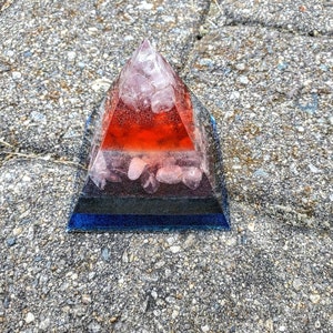 Red and Blue Orgonite Pyramid with Clear Quartz Stones