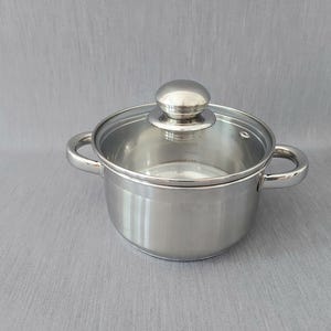 May include: A stainless steel cooking pot with a polished finish, featuring two side handles and a clear glass lid with a central metal knob. The pot has a rounded base and a smooth, reflective surface, designed for stovetop use in a kitchen.