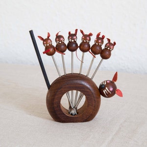 Mini Teak Party Fork Cat with Boy Set of 6 with Stand Skewer Fork Cocktail Fork Fruit Fork
