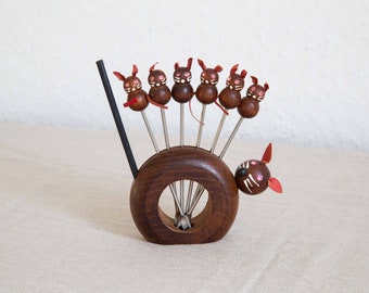 Mini Teak Party Fork Cat with Boy Set of 6 with Stand Skewer Fork Cocktail Fork Fruit Fork