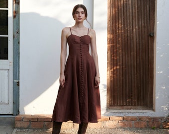 Renne Midi Leinenkleid - Langes Leinenkleid für Damen, Vintage inspiriertes Leinenkleid, Leinenkleidung für Damen, Sommerkleid Cottage Core Kleid