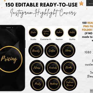 May include: 150 editable Instagram highlight covers with black and gold marble design. The covers feature text such as "Pricing", "Studio", "Customer Reviews", "Fashion", "Outfits", "Beauty", "Coffee", "Ideas", "Fitness", "Products", "Drinks", "Party", "Makeup", and "Customer Reviews".