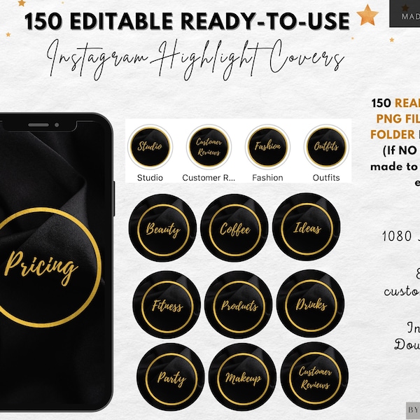 Editable Black & Gold Instagram Highlight Cover Icons, Instagram Story Template, Social Media Branding Kit for Beauty,IG Stories Icon, Canva