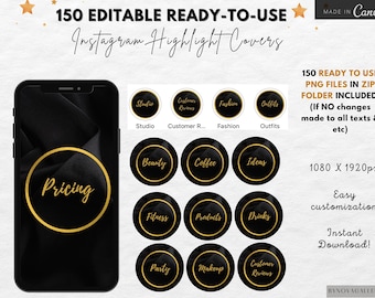 Könnte beinhalten: 150 editierbare Instagram-Highlight-Cover mit schwarzem und goldenem Marmormuster. Die Cover zeigen Text wie "Pricing", "Studio", "Customer Reviews", "Fashion", "Outfits", "Beauty", "Coffee", "Ideas", "Fitness", "Products", "Drinks", "Party", "Makeup" und "Customer Reviews".