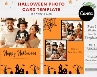 May include: A Halloween photo card template with a 5x7 inch photo card size. The template features a black and orange color scheme with a spooky house, bats, and trees. The text "Happy Halloween" is written in black cursive font. The text "The William Family | 2021" is written in black font below the greeting. The template includes space for two photos.