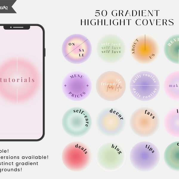 50 Gradient Highlight Icons | Gradient Instagram Highlights Covers | Colorful Instagram Highlight Canva | Bloggers Sellers IG Highlight Pack