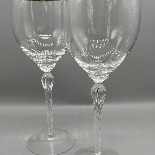 Vintage Lenox Monroe Set of 2 Gold Trim Crystal Goblets/Wine Glasses Twisted Stem 8.5 “ Tall.