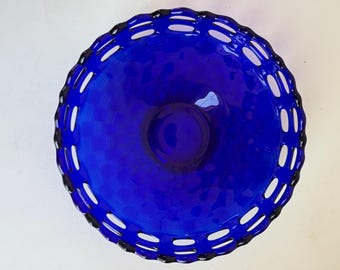 Vintage Fenton Glasschale in Kobaltblau mit offenem Rand und Flechtmuster | Bonboniere mit durchbrochenem Spitzenrand | 16,5 cm (6,5 Zoll) Kunstglas