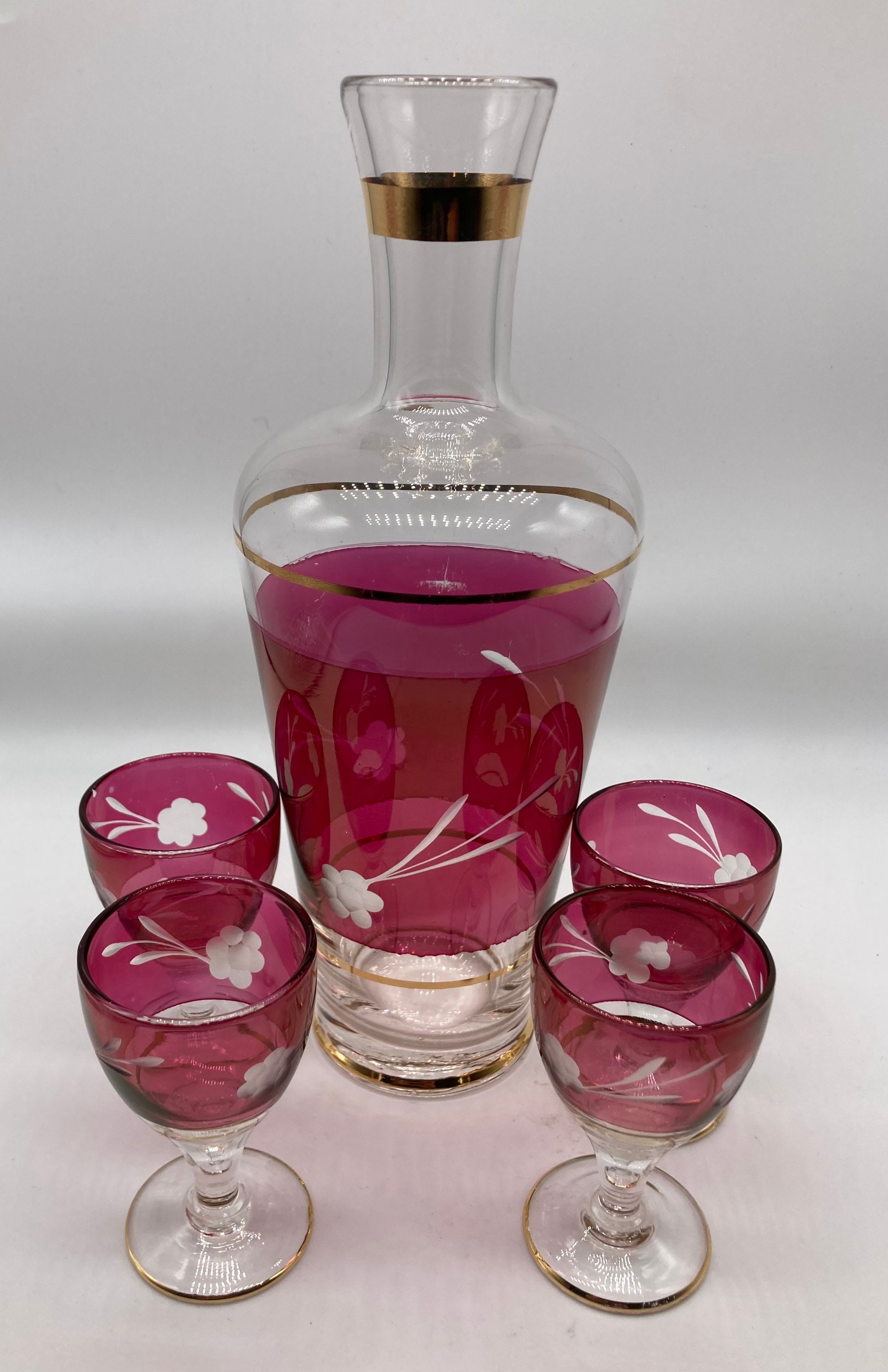 Decor Cristallerie Rose Decanter Set with Six Glasses - Signed - Some -  Ruby Lane