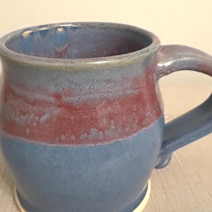 Handmade Studio Pottery Mug: Two-Tone Blue and Maroon Glaze, 18oz Ceramic Cup