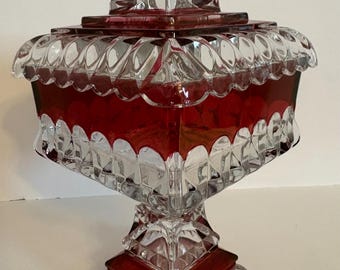 Vintage Westmoreland Wedding Ruby Flash Covered Candy Dish | Footed Glass Compote with Lid | 1950s Elegant Red Overlay Glass | Mid-Century