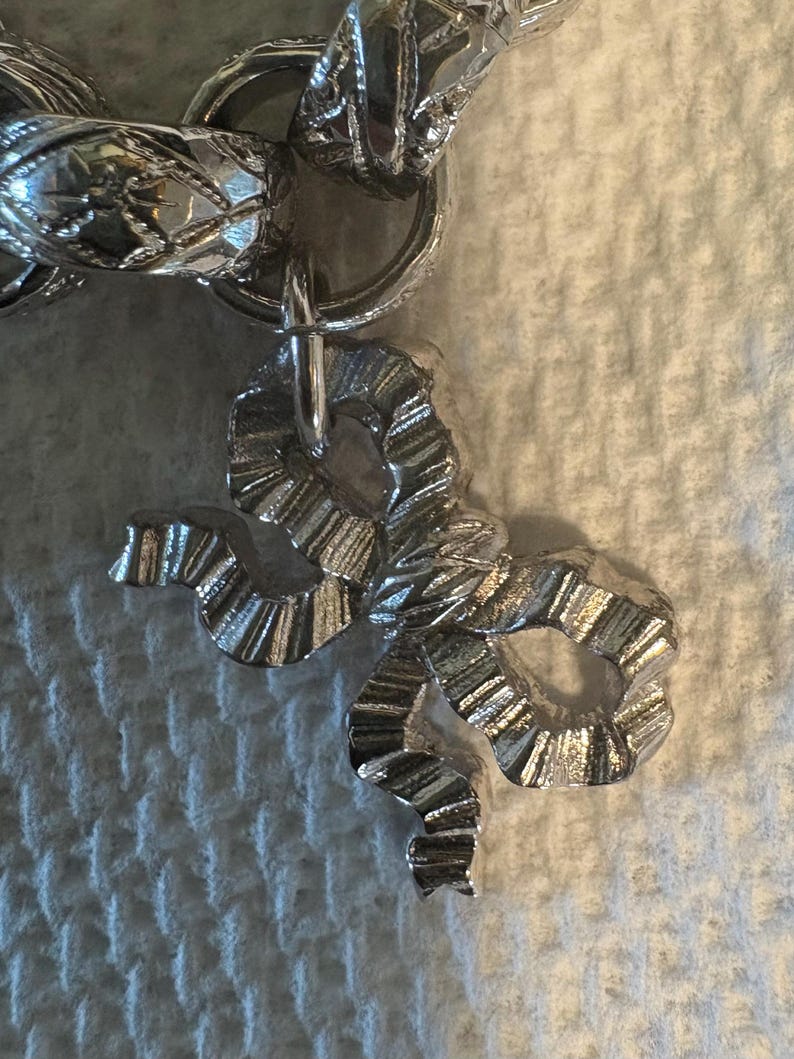 May include: A close-up of a silver-colored charm in the shape of a bow. The bow is attached to a silver chain. The charm has a textured surface with detailed ridges and curves, reflecting light.