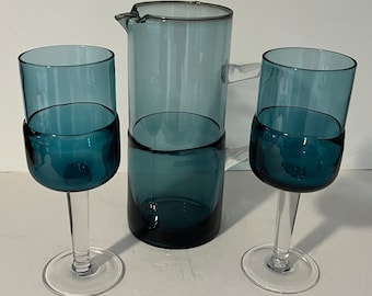 Vintage Pier 1 Double Dipped Cobalt Blue Glass Pitcher with 2 Wine Glasses/ Goblets