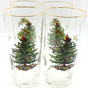 Santa Topped Spode Christmas Tree Highball Glasses Set of 4 Vintage 16oz 6” Tall Holiday Tumblers