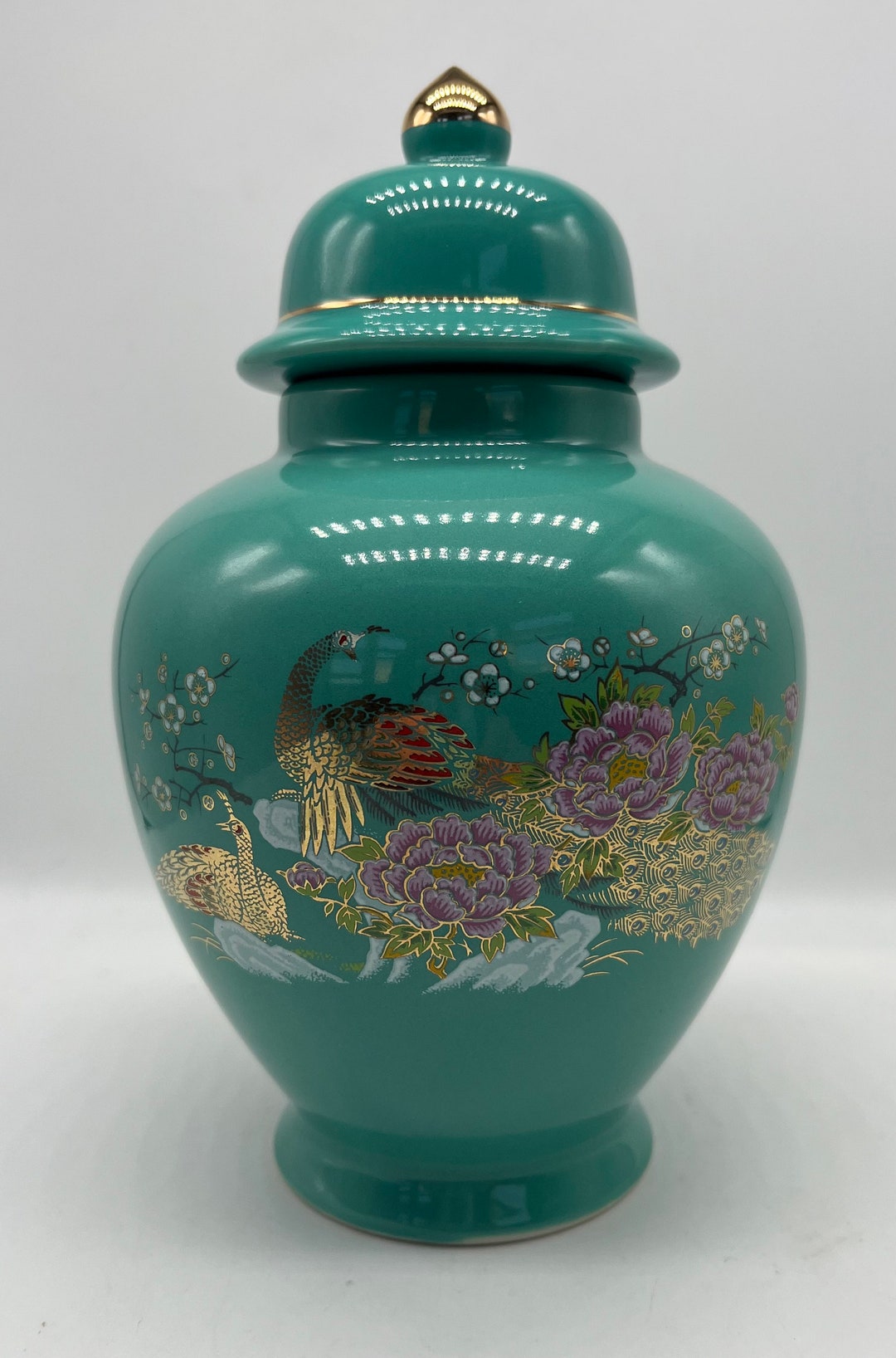 Vintage Green Ginger Jar With Beautiful Peacocks Made in Japan Etsy