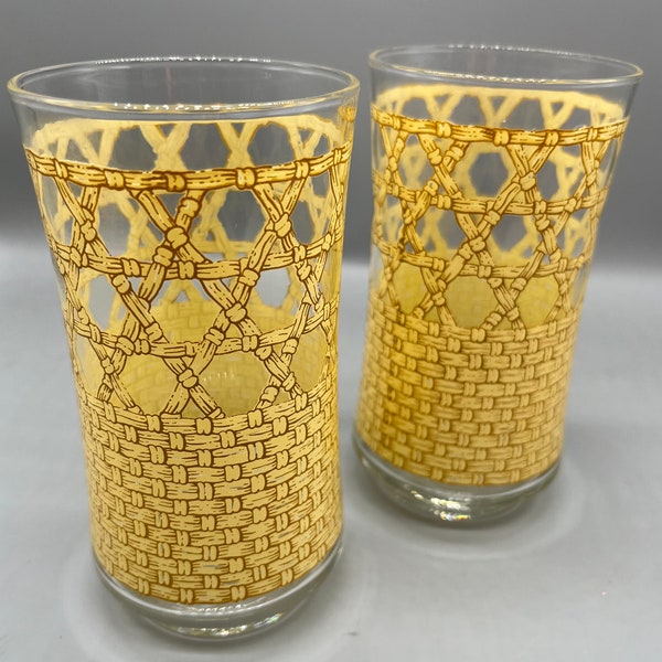 Vintage Libbey 1970 MCM Rattan Cane Highball Glasses Set of 2 Tiki Bar drink ware made in USA