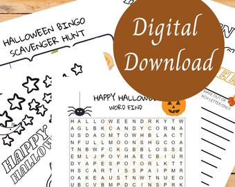 Halloween Activities - 5 pages for your kids - Word Search, Coloring Pages, Scavenger Hunt Bingo, Jack-o-Lanterns