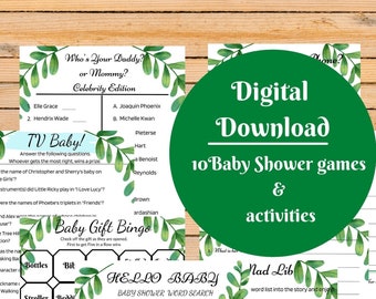 Baby Shower Game Bundle - Greenery Style Baby Shower Games - 10 Games and Table, Name, Place Cards - Includes I'm Having a Craving Card Game