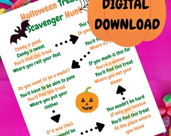 Halloween Scavenger Hunt - Indoor Scavenger Hunt for Treats - Treat Hunt - Riddle Scavenger Hunt - Clue answer sheet included in pack.