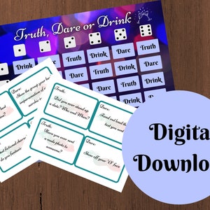 Truth or Dare Game Pack - Truth, Dare or Drink Dice Game and 120 Adult Truth or Dare Cards - Great Party Game - Printable Game Board & Cards