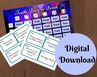 Truth or Dare Game Pack - Truth, Dare or Drink Dice Game and 120 Adult Truth or Dare Cards - Great Party Game - Printable Game Board & Cards